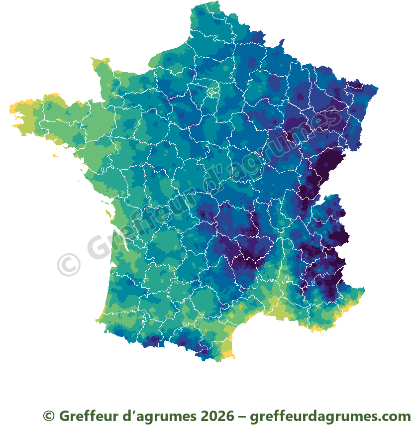 Mapa de Francia, municipio por municipio: el frío más intenso en 10 años, es decir, el frío que se alcanza de media un invierno de cada diez, del amarillo (−5 °C o más suave) al violeta oscuro (−20 °C o más frío)
