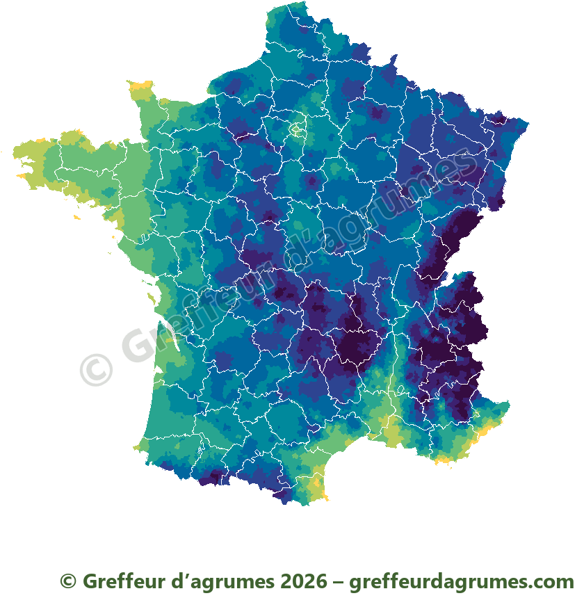 Mapa de Francia, municipio por municipio: el frío más intenso en 15 años, del amarillo (−5 °C o más suave) al violeta oscuro (−20 °C o más frío)