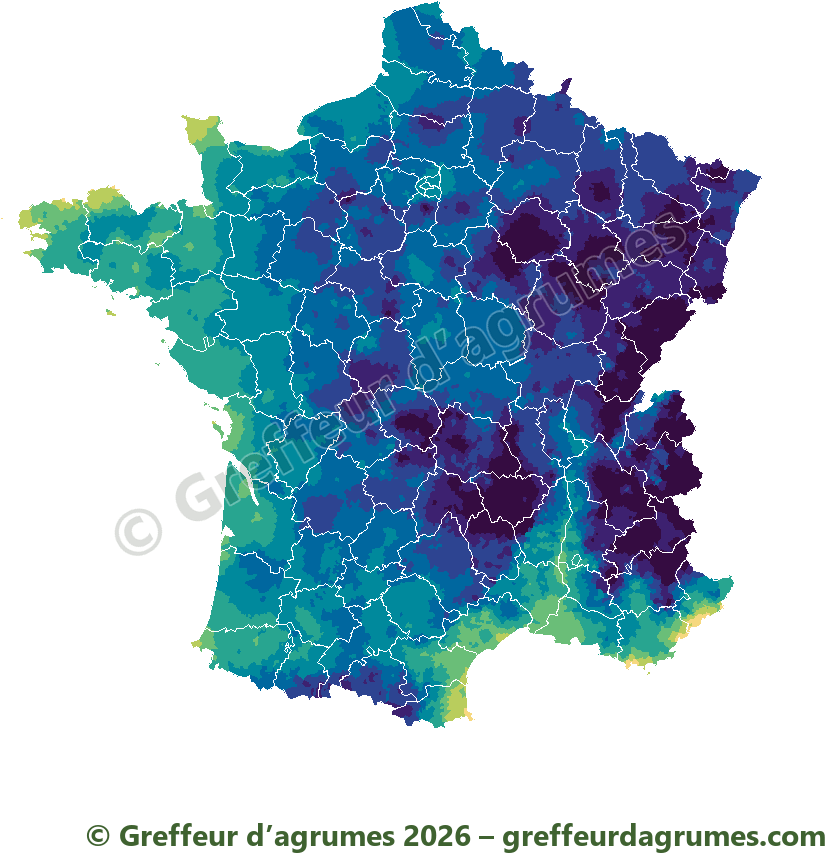 Mapa de Francia, municipio por municipio: el frío más intenso en 30 años, del amarillo (−5 °C o más suave) al violeta oscuro (−20 °C o más frío)