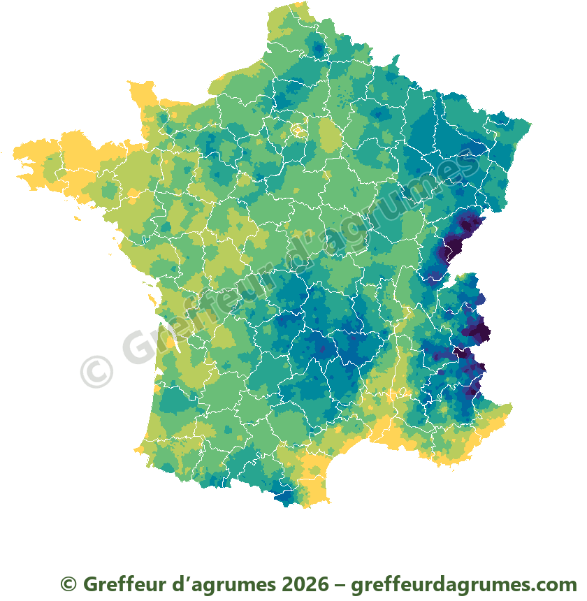 Mapa de Francia, municipio por municipio: el frío más intenso en 5 años, del amarillo (−5 °C o más suave) al violeta oscuro (−20 °C o más frío)