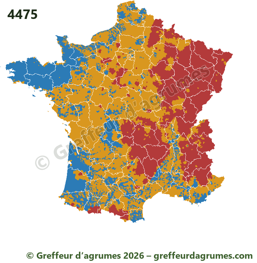 Mapa de Francia del portainjerto 4475, municipio por municipio: en azul aconsejado, en ámbar posible con precauciones, en rojo desaconsejado
