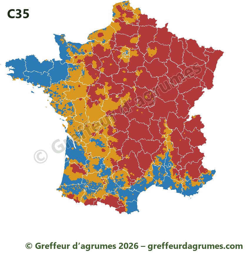 Mapa de Francia del portainjerto C35, municipio por municipio: en azul aconsejado, en ámbar posible con precauciones, en rojo desaconsejado