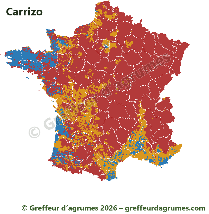 Mapa de Francia del portainjerto Carrizo, municipio por municipio: en azul aconsejado, en ámbar posible con precauciones, en rojo desaconsejado