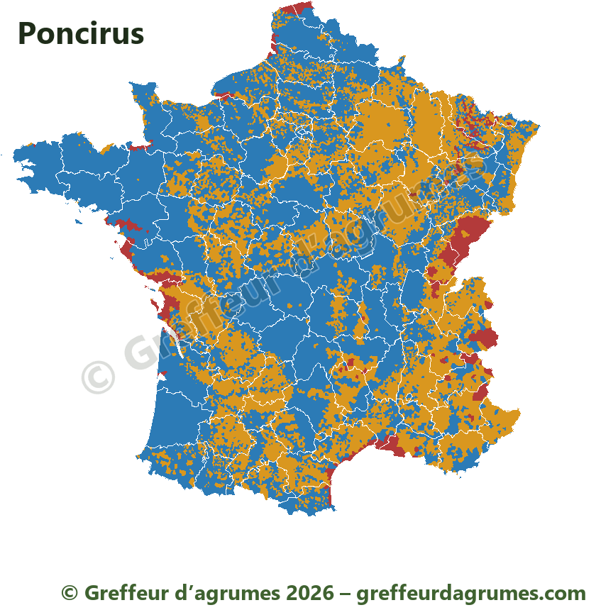 Mapa de Francia del portainjerto Poncirus, municipio por municipio: en azul aconsejado, en ámbar posible con precauciones, en rojo desaconsejado