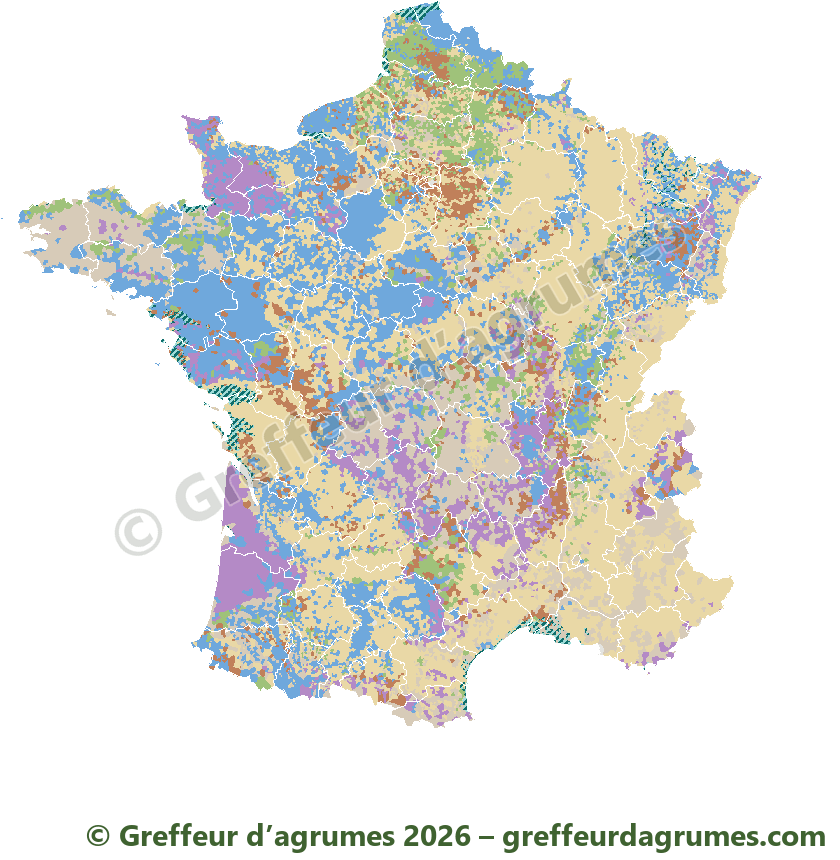 Mapa de Francia del suelo en el centro de cada municipio: calizo, arcilloso, húmedo en invierno, ácido, limoso, salino o sin limitación marcada